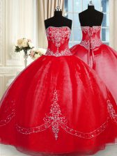  Red Sleeveless Floor Length Beading and Embroidery Lace Up Quinceanera Dresses