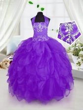  Purple Organza Lace Up Halter Top Sleeveless Floor Length Little Girls Pageant Dress Appliques and Ruffles