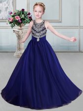 Hot Sale Scoop Backless Floor Length Navy Blue Little Girls Pageant Gowns Organza Sleeveless Beading and Belt