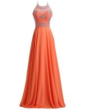  Scoop Orange Red A-line Beading and Belt Prom Gown Zipper Chiffon Sleeveless