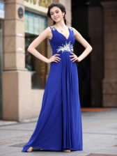 Adorable Beading and Appliques and Ruching Prom Evening Gown Blue Zipper Sleeveless Floor Length