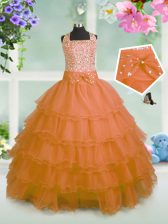 Elegant Floor Length Orange Little Girl Pageant Dress Organza Sleeveless Beading and Ruffled Layers and Bowknot