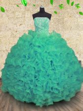  Turquoise Ball Gowns Organza Strapless Sleeveless Beading and Ruffles Floor Length Lace Up 15th Birthday Dress