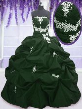  Dark Green and Peacock Green Ball Gowns Strapless Sleeveless Taffeta Floor Length Lace Up Appliques and Pick Ups Quinceanera Dresses