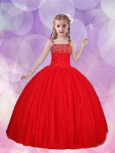 Inexpensive Red Ball Gowns Straps Sleeveless Tulle Floor Length Lace Up Beading Child Pageant Dress