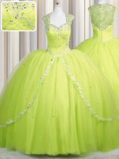 Affordable Zipper Up Beading and Appliques Ball Gown Prom Dress Yellow Green Zipper Cap Sleeves With Brush Train