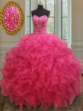  Hot Pink Ball Gowns Sweetheart Sleeveless Organza Floor Length Lace Up Beading and Ruffles Sweet 16 Dresses