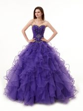 Custom Design Sleeveless Floor Length Beading and Ruffles Lace Up Vestidos de Quinceanera with Purple