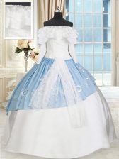  Blue And White Off The Shoulder Neckline Lace and Bowknot Ball Gown Prom Dress Long Sleeves Lace Up