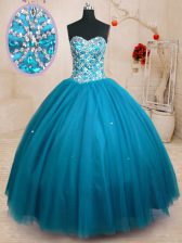  Teal Ball Gowns Beading 15 Quinceanera Dress Lace Up Tulle Sleeveless Floor Length