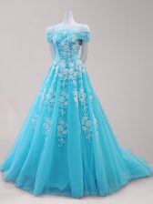  Aqua Blue Off The Shoulder Lace Up Beading and Appliques Cap Sleeves