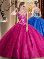 Dazzling Hot Pink Ball Gowns Beading and Appliques Quinceanera Dress Lace Up Tulle Sleeveless Floor Length