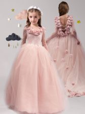 Pretty Pink Scoop Backless Lace and Appliques and Ruffles Toddler Flower Girl Dress Brush Train Long Sleeves