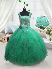 Turquoise Ball Gowns Straps Sleeveless Tulle Floor Length Lace Up Beading and Ruffles Kids Pageant Dress
