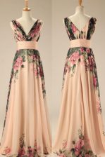 Excellent Chiffon V-neck Sleeveless Sweep Train Zipper Embroidery and Belt in Champagne