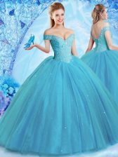  Off the Shoulder With Train Teal Quince Ball Gowns Tulle Brush Train Sleeveless Beading
