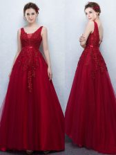  Wine Red Prom Dress Prom with Appliques and Belt V-neck Sleeveless Brush Train Backless