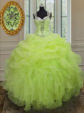  Straps Yellow Green Sleeveless Floor Length Beading and Ruffles Zipper Sweet 16 Quinceanera Dress
