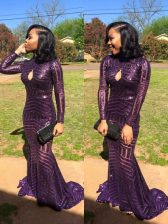 High Quality Eggplant Purple Mermaid Sequined High-neck Long Sleeves Sequins Zipper Prom Dresses Sweep Train