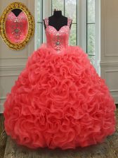  Straps Sleeveless Floor Length Beading Zipper Quinceanera Gown with Coral Red