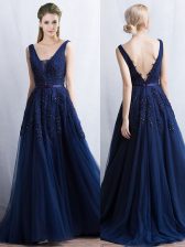 On Sale Navy Blue Backless Prom Gown Appliques and Belt Sleeveless With Brush Train