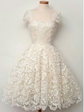  White Scoop Neckline Lace Prom Dress Cap Sleeves Zipper
