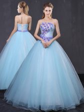  Light Blue Tulle Lace Up Strapless Sleeveless Floor Length 15 Quinceanera Dress Appliques and Belt