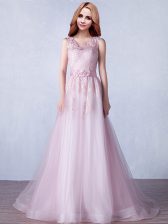 Custom Made With Train Pink Prom Party Dress Scoop Sleeveless Brush Train Zipper