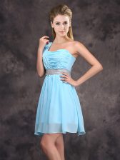  One Shoulder Sequins Baby Blue Sleeveless Chiffon Zipper Dama Dress for Prom and Party and Wedding Party