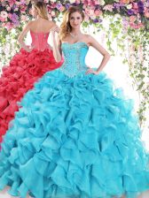 Stunning Baby Blue Ball Gowns Organza Sweetheart Sleeveless Beading and Ruffles Lace Up Sweet 16 Quinceanera Dress Sweep Train