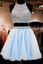  Light Blue Backless Halter Top Beading Dress for Prom Chiffon Sleeveless