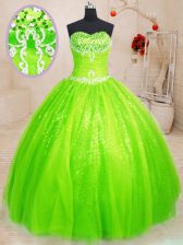 Nice Ball Gowns Beading 15 Quinceanera Dress Lace Up Tulle and Sequined Sleeveless Floor Length