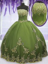  Olive Green Ball Gowns Strapless Sleeveless Tulle Floor Length Zipper Appliques Sweet 16 Dresses