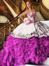 Lovely Pink And White Organza Lace Up Sweetheart Sleeveless Floor Length Quince Ball Gowns Appliques and Embroidery