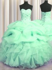 Affordable Visible Boning Beading and Ruffles Sweet 16 Quinceanera Dress Apple Green Lace Up Sleeveless Floor Length