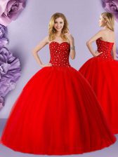 Stylish Red Ball Gowns Sweetheart Sleeveless Tulle Floor Length Lace Up Beading Quinceanera Dresses