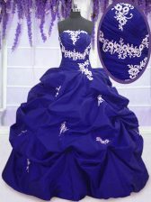 Designer Royal Blue Taffeta Lace Up Sweet 16 Dresses Sleeveless Floor Length Appliques and Pick Ups