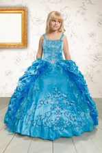  Turquoise Sleeveless Floor Length Beading and Appliques and Pick Ups Lace Up Little Girls Pageant Dress Wholesale