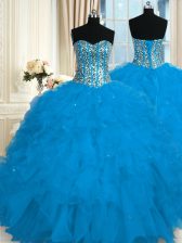  Blue Ball Gowns Sweetheart Sleeveless Organza Floor Length Lace Up Beading and Ruffles Quinceanera Dresses