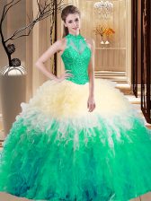 Unique Multi-color Ball Gowns Organza High-neck Sleeveless Lace and Appliques and Ruffles Floor Length Backless Quinceanera Dress