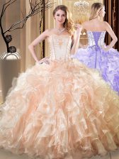 Super Sleeveless Floor Length Embroidery and Ruffles Lace Up Vestidos de Quinceanera with Yellow