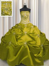  Olive Green Taffeta Lace Up Quinceanera Dress Sleeveless Floor Length Beading and Appliques and Embroidery
