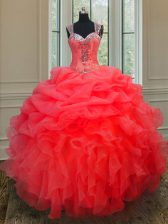 Admirable Coral Red Zipper Straps Beading and Ruffles Quinceanera Gowns Organza Sleeveless