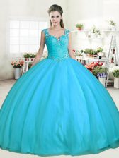 Chic Aqua Blue Quinceanera Gown Military Ball and Sweet 16 and Quinceanera with Beading Straps Sleeveless Zipper