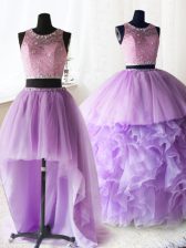 Fancy Three Piece Scoop Lilac Organza and Tulle Zipper Quinceanera Gown Sleeveless With Brush Train Beading and Lace and Ruffles
