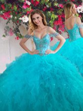 Off the Shoulder Teal Lace Up Quinceanera Gowns Beading and Ruffles Sleeveless Floor Length
