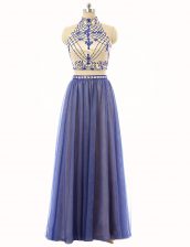  Blue Evening Dress Prom and Party with Beading High-neck Sleeveless Zipper