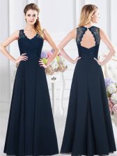  Sleeveless Floor Length Lace and Ruching Backless Quinceanera Dama Dress with Navy Blue