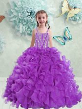  Eggplant Purple Ball Gowns Organza Straps Sleeveless Beading and Ruffles Floor Length Lace Up Little Girl Pageant Dress