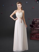 Low Price White Sleeveless Floor Length Lace and Appliques and Belt Lace Up Dama Dress